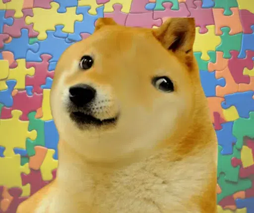 Doge in front of a colorful jigsaw puzzle background